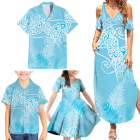 Aotearoa Maori Koru Curves Family Matching Summer Maxi Dress and Hawaiian Shirt Silver Ferns - Turquoise