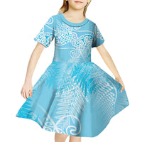 Aotearoa Maori Koru Curves Kid Short Sleeve Dress Silver Ferns - Turquoise LT7 - Polynesian Pride