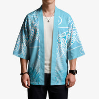 Aotearoa Maori Koru Curves Kimono Silver Ferns - Turquoise LT7 - Polynesian Pride