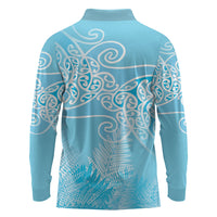 Aotearoa Maori Koru Curves Long Sleeve Polo Shirt Silver Ferns - Turquoise LT7 - Polynesian Pride