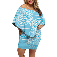 Aotearoa Maori Koru Curves Off Shoulder Short Dress Silver Ferns - Turquoise LT7 Women Turquoise - Polynesian Pride
