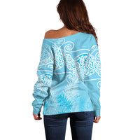 Aotearoa Maori Koru Curves Off Shoulder Sweater Silver Ferns - Turquoise LT7 - Polynesian Pride