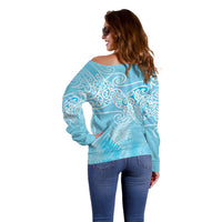 Aotearoa Maori Koru Curves Off Shoulder Sweater Silver Ferns - Turquoise LT7 - Polynesian Pride