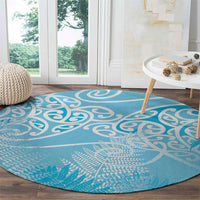 Aotearoa Maori Koru Curves Round Carpet Silver Ferns - Turquoise LT7 - Polynesian Pride