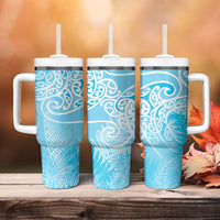 Aotearoa Maori Koru Curves Tumbler With Handle Silver Ferns - Turquoise LT7 - Polynesian Pride