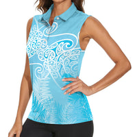 Aotearoa Maori Koru Curves Women Sleeveless Polo Shirt Silver Ferns - Turquoise LT7 - Polynesian Pride