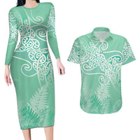 Aotearoa Maori Koru Curves Couples Matching Long Sleeve Bodycon Dress and Hawaiian Shirt Silver Ferns - Mint