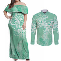 Aotearoa Maori Koru Curves Couples Matching Off Shoulder Maxi Dress and Long Sleeve Button Shirt Silver Ferns - Mint LT7 Mint Green - Polynesian Pride