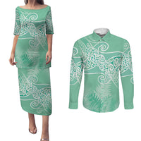 Aotearoa Maori Koru Curves Couples Matching Puletasi and Long Sleeve Button Shirt Silver Ferns - Mint LT7 Mint Green - Polynesian Pride