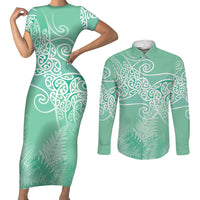Aotearoa Maori Koru Curves Couples Matching Short Sleeve Bodycon Dress and Long Sleeve Button Shirt Silver Ferns - Mint LT7 Mint Green - Polynesian Pride