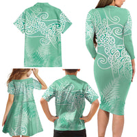 Aotearoa Maori Koru Curves Family Matching Long Sleeve Bodycon Dress and Hawaiian Shirt Silver Ferns - Mint