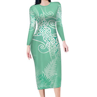 Aotearoa Maori Koru Curves Family Matching Long Sleeve Bodycon Dress and Hawaiian Shirt Silver Ferns - Mint