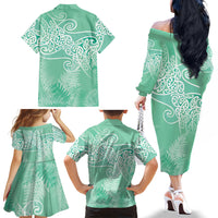 Aotearoa Maori Koru Curves Family Matching Off The Shoulder Long Sleeve Dress and Hawaiian Shirt Silver Ferns - Mint