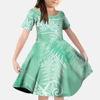 Aotearoa Maori Koru Curves Family Matching Short Sleeve Bodycon Dress and Hawaiian Shirt Silver Ferns - Mint