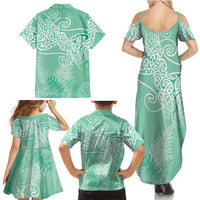 Aotearoa Maori Koru Curves Family Matching Summer Maxi Dress and Hawaiian Shirt Silver Ferns - Mint