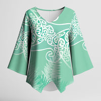 Aotearoa Maori Koru Curves Kimono Sleeve Blouse Silver Ferns - Mint LT7 Female Mint Green - Polynesian Pride