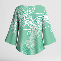 Aotearoa Maori Koru Curves Kimono Sleeve Blouse Silver Ferns - Mint LT7 - Polynesian Pride