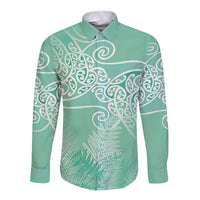 Aotearoa Maori Koru Curves Long Sleeve Button Shirt Silver Ferns - Mint LT7 Unisex Mint Green - Polynesian Pride