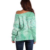 Aotearoa Maori Koru Curves Off Shoulder Sweater Silver Ferns - Mint LT7 - Polynesian Pride
