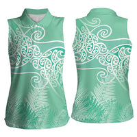 Aotearoa Maori Koru Curves Women Sleeveless Polo Shirt Silver Ferns - Mint LT7 - Polynesian Pride