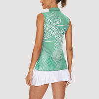 Aotearoa Maori Koru Curves Women Sleeveless Polo Shirt Silver Ferns - Mint LT7 - Polynesian Pride