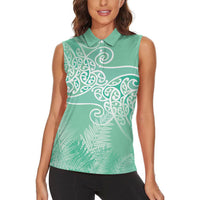 Aotearoa Maori Koru Curves Women Sleeveless Polo Shirt Silver Ferns - Mint LT7 - Polynesian Pride