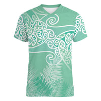 Aotearoa Maori Koru Curves Women V-Neck T-Shirt Silver Ferns - Mint LT7 Female Mint Green - Polynesian Pride