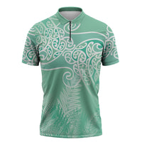 Aotearoa Maori Koru Curves Zipper Polo Shirt Silver Ferns - Mint LT7 Mint Green - Polynesian Pride