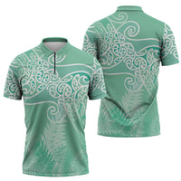 Aotearoa Maori Koru Curves Zipper Polo Shirt Silver Ferns - Mint LT7 - Polynesian Pride