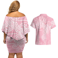 Aotearoa Maori Koru Curves Couples Matching Off Shoulder Short Dress and Hawaiian Shirt Silver Ferns - Rose Pink