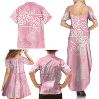 Aotearoa Maori Koru Curves Family Matching Summer Maxi Dress and Hawaiian Shirt Silver Ferns - Rose Pink