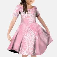 Aotearoa Maori Koru Curves Kid Short Sleeve Dress Silver Ferns - Rose Pink LT7 KID Pink - Polynesian Pride