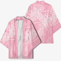Aotearoa Maori Koru Curves Kimono Silver Ferns - Rose Pink LT7 - Polynesian Pride