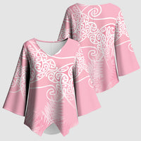 Aotearoa Maori Koru Curves Kimono Sleeve Blouse Silver Ferns - Rose Pink LT7 - Polynesian Pride