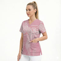 Aotearoa Maori Koru Curves Scrub Top Silver Ferns - Rose Pink LT7 - Polynesian Pride