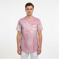 Aotearoa Maori Koru Curves Scrub Top Silver Ferns - Rose Pink LT7 - Polynesian Pride