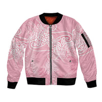 Aotearoa Maori Koru Curves Sleeve Zip Bomber Jacket Silver Ferns - Rose Pink LT7 Unisex Pink - Polynesian Pride