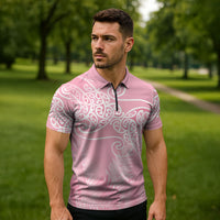 Aotearoa Maori Koru Curves Zipper Polo Shirt Silver Ferns - Rose Pink LT7 - Polynesian Pride