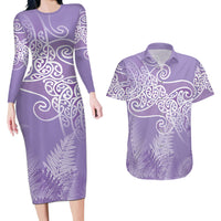 Aotearoa Maori Koru Curves Couples Matching Long Sleeve Bodycon Dress and Hawaiian Shirt Silver Ferns - Amethyst