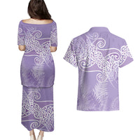 Aotearoa Maori Koru Curves Couples Matching Puletasi and Hawaiian Shirt Silver Ferns - Amethyst LT7 - Polynesian Pride