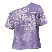 Aotearoa Maori Koru Curves Cross Shoulder Shirt Silver Ferns - Amethyst LT7 - Polynesian Pride