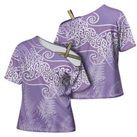 Aotearoa Maori Koru Curves Cross Shoulder Shirt Silver Ferns - Amethyst LT7 - Polynesian Pride