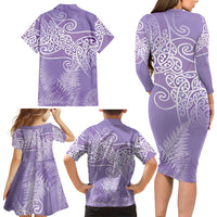 Aotearoa Maori Koru Curves Family Matching Long Sleeve Bodycon Dress and Hawaiian Shirt Silver Ferns - Amethyst