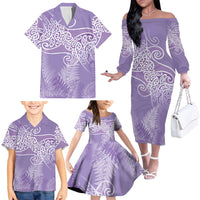 Aotearoa Maori Koru Curves Family Matching Off The Shoulder Long Sleeve Dress and Hawaiian Shirt Silver Ferns - Amethyst