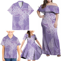 Aotearoa Maori Koru Curves Family Matching Off Shoulder Maxi Dress and Hawaiian Shirt Silver Ferns - Amethyst