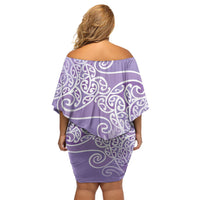 Aotearoa Maori Koru Curves Family Matching Off Shoulder Short Dress and Hawaiian Shirt Silver Ferns - Amethyst