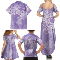Aotearoa Maori Koru Curves Family Matching Summer Maxi Dress and Hawaiian Shirt Silver Ferns - Amethyst