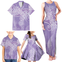 Aotearoa Maori Koru Curves Family Matching Tank Maxi Dress and Hawaiian Shirt Silver Ferns - Amethyst