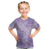 Aotearoa Maori Koru Curves Kid T Shirt Silver Ferns - Amethyst LT7 Purple - Polynesian Pride