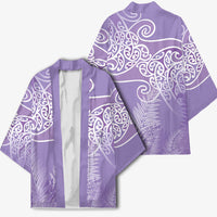 Aotearoa Maori Koru Curves Kimono Silver Ferns - Amethyst LT7 - Polynesian Pride